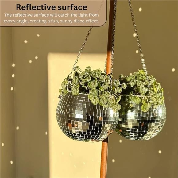 Disco Ball Planter - Unique Silver Hanging Planter with Chain & Wood Stand - 8in - Picture 3 of 5